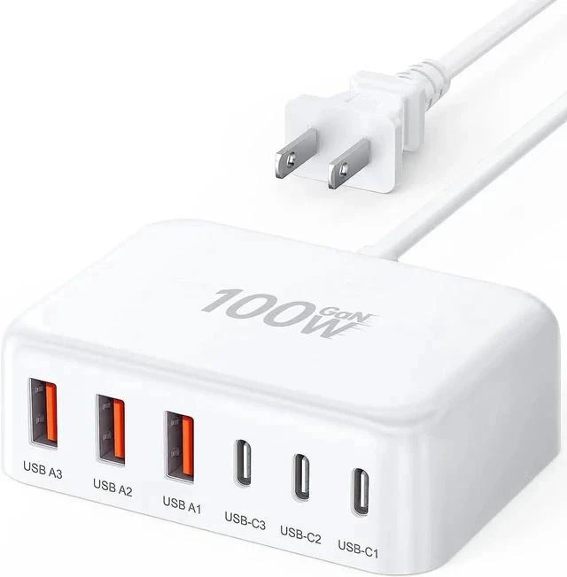 Main image of USB C Fast Charger 100W GaN 6 Port Type USB C Charging Station Hub Block Cube USB C Wall Charger Power Strip Adapter Plug for iPad iPhone 16 15 14 13 12 Pro Max Pixel Note Galaxy 5ft Cord