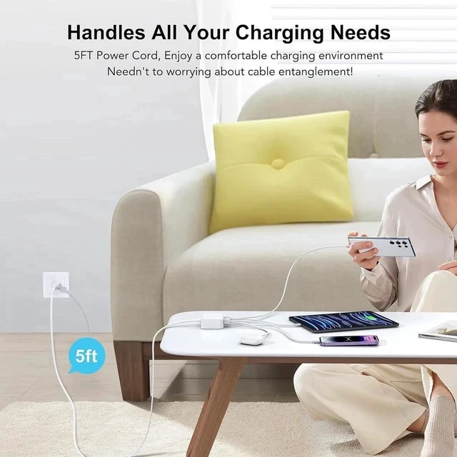 Alt view image 6 of 6 - USB C Fast Charger 100W GaN 6 Port Type USB C Charging Station Hub Block Cube USB C Wall Charger Power Strip Adapter Plug for iPad iPhone 16 15 14 13 12 Pro Max Pixel Note Galaxy 5ft Cord