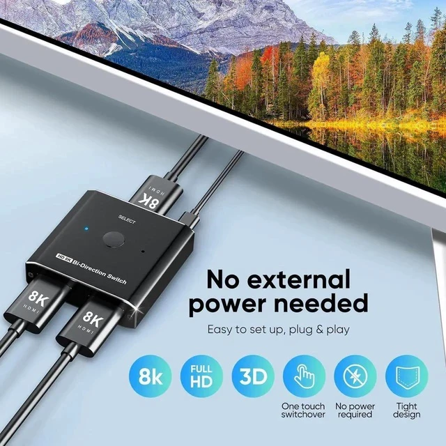 Alt view image 2 of 7 - HDMI Switch Splitter 8K @ 60Hz Bi-Directional, 2 in 1 Out or 1 in 2 Out HDMI 2.1 Switch Splitter, Button Switch with EDID Adaptive, Compatible with The Xbox Series PS5, Plug and Play