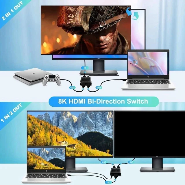 Alt view image 3 of 7 - HDMI Switch Splitter 8K @ 60Hz Bi-Directional, 2 in 1 Out or 1 in 2 Out HDMI 2.1 Switch Splitter, Button Switch with EDID Adaptive, Compatible with The Xbox Series PS5, Plug and Play