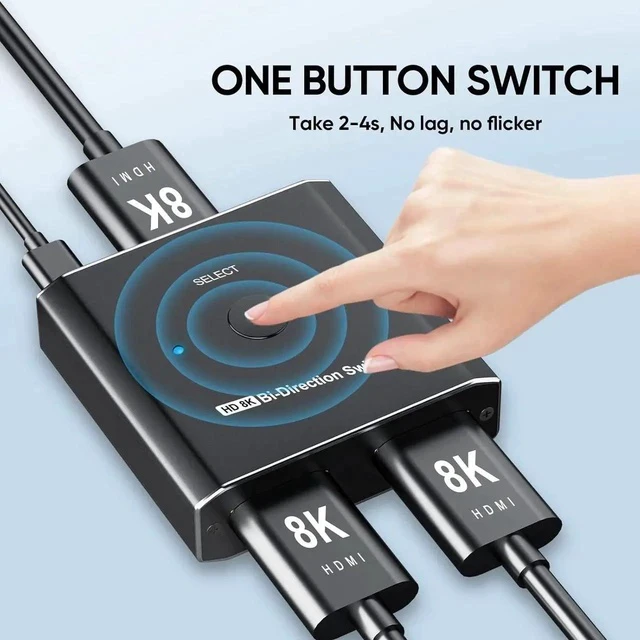 Alt view image 4 of 7 - HDMI Switch Splitter 8K @ 60Hz Bi-Directional, 2 in 1 Out or 1 in 2 Out HDMI 2.1 Switch Splitter, Button Switch with EDID Adaptive, Compatible with The Xbox Series PS5, Plug and Play