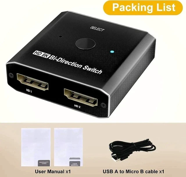 Alt view image 6 of 7 - HDMI Switch Splitter 8K @ 60Hz Bi-Directional, 2 in 1 Out or 1 in 2 Out HDMI 2.1 Switch Splitter, Button Switch with EDID Adaptive, Compatible with The Xbox Series PS5, Plug and Play
