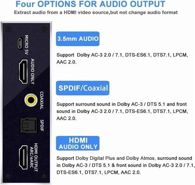 Alt view image 3 of 7 - eARC HDMI 2.0 Audio Extractor, 4K@60HZ RGB8:8:8 HDR HDMI Splitter Audio Converter 4K HDMI to Optical TOSLINK SPDIF 7.1 3.5mm Audio Jack