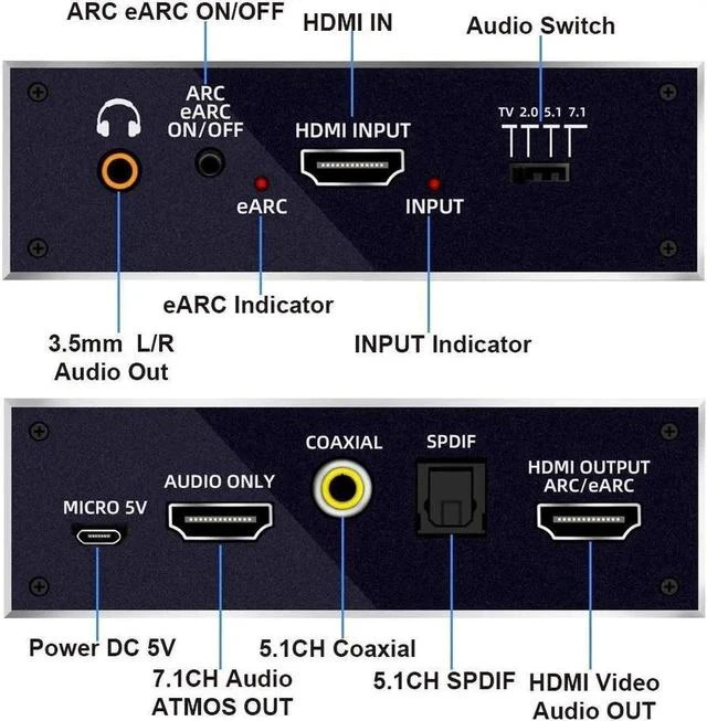 Alt view image 4 of 7 - eARC HDMI 2.0 Audio Extractor, 4K@60HZ RGB8:8:8 HDR HDMI Splitter Audio Converter 4K HDMI to Optical TOSLINK SPDIF 7.1 3.5mm Audio Jack