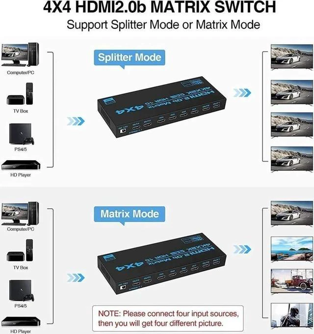 Alt view image 2 of 7 - 4x4 Matrix HDMI Switch 4K 60Hz, 4K@60Hz 4in 4out HDMI Matrix Switch with IR Remote Control, Support HDMI 2.0b, HDCP2.2, HDR10, Ultra HD, 3D , OZJ4