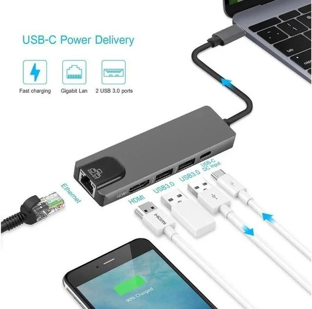 Alt view image 7 of 7 - 4K USB C Hub to Gigabit Ethernet Rj45 Lan 5 in 1 USB Type C Hub Adapter for Mac book Pro Thunderbolt 3 USB-C Charger PD