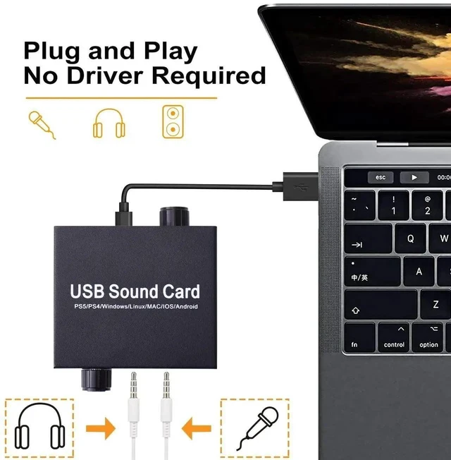 Alt view image 2 of 7 - External Sound Card, USB Audio Adapter with Volume Output and Bass Adjustment, Stereo Sound Card with 3.5mm Microphone Port for Windows/Linux/MAC/iOS/Android System, PS5, Laptops, Desktops
