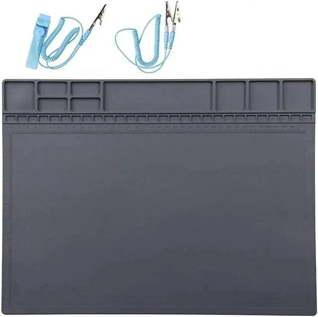 Main image of Anti-Static Mat ESD Safe for Electronic Includes ESD Wristband and Grounding Wire, Silicone Soldering Repair Mat 932°F Heat Resistant for iPhone iPad iMac, Laptop, Computer, 15.9 x 12 Grey