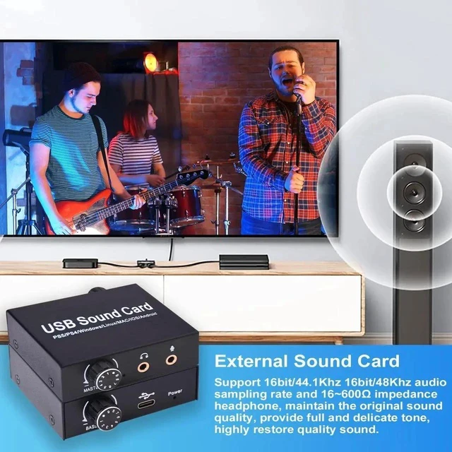 Alt view image 7 of 7 - External Sound Card, USB Audio Adapter with Volume Output and Bass Adjustment, Stereo Sound Card with 3.5mm Microphone Port for Windows/Linux/MAC/iOS/Android System, PS5, Laptops, Desktops
