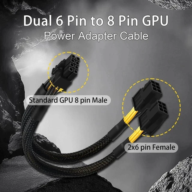 Alt view image 4 of 7 - 6 Pin to 8 Pin GPU Adapter, Dual 6 Pin Female to 8 Pin Male GPU Power Sleeved Cable 9.5-inch(24cm)