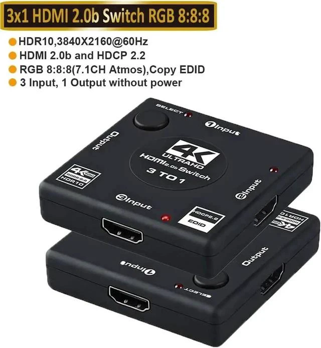 Main image of HDMI 2.0 Switch Splitter 3 Port 4K HDMI Switcher 3 in 1 Out HDMI Switches Selector Box with 3.9FT HDMI Cable Support HDCP 2.2 Support 4K@60Hz Ultra HD 3D 2160P 1080P