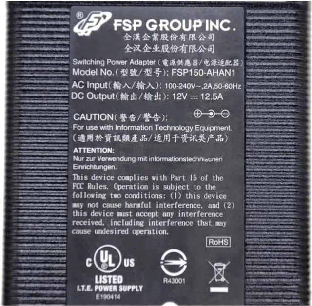 Alt view image 2 of 2 - 12V 12.5A 150W AC DC Power Adapter Replacement for FSP FSP150-AHAN1 22000082LF, Compatible with Drobo 5D Thunderbolt Gen3 DDR3A21 Storage Power Supply Charger