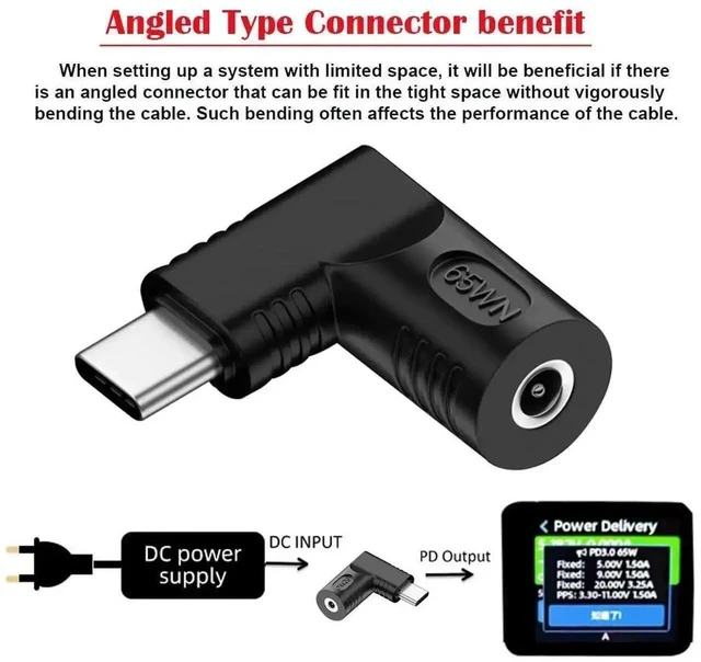 Alt view image 3 of 7 - 65W 90 Degree Right Angled DC 20V 3.5x1.3mm Female to USB-C PD Charging Adapter, DC Jack to Type-C Power Converter Plug for Laptops, Phones and Tablets