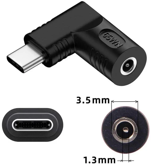 Alt view image 4 of 7 - 65W 90 Degree Right Angled DC 20V 3.5x1.3mm Female to USB-C PD Charging Adapter, DC Jack to Type-C Power Converter Plug for Laptops, Phones and Tablets