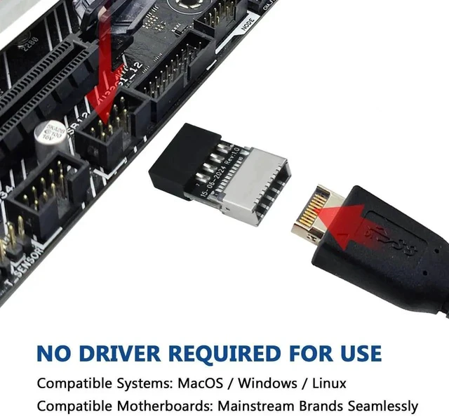 Alt view image 3 of 6 - USB 2.0 to USB 3.2 Gen 1 Header Adapter, Mainboard 9 Pin Male to USB 3.1 Type-E (A-Key) Female Converter for Extending USB C Ports on Front Panel of PC (2 Pack)