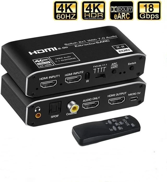 Alt view image 4 of 5 - 2x1 4K 120Hz Switch eARC Audio Extractor ARC Optical Toslink 2.0 Switch 4K 60Hz Switcher Remote for Apple TV PS4