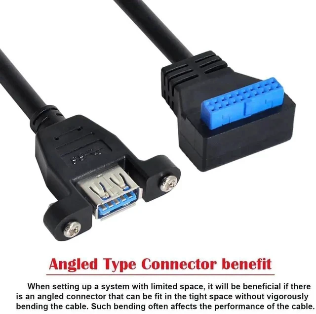Alt view image 3 of 7 - 90° Up Angled USB 3.0 Cable, Single Screw-Mount USB-A Female to Motherboard 20Pin Internal Header Adapter Wire