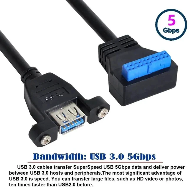 Alt view image 4 of 7 - 90° Up Angled USB 3.0 Cable, Single Screw-Mount USB-A Female to Motherboard 20Pin Internal Header Adapter Wire