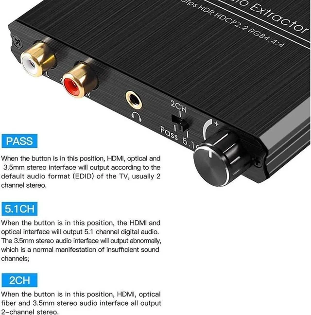 Alt view image 6 of 6 - 4K@60HZ HDMI Audio Extractor, HDMI 2.0b Audio Splitter Converter, HDMI to HDMI + Optical SPDIF + 3.5mm Stereo Audio with Control Output Analog Volume Knob Compatible for PS5/4/3/Blu-ray player