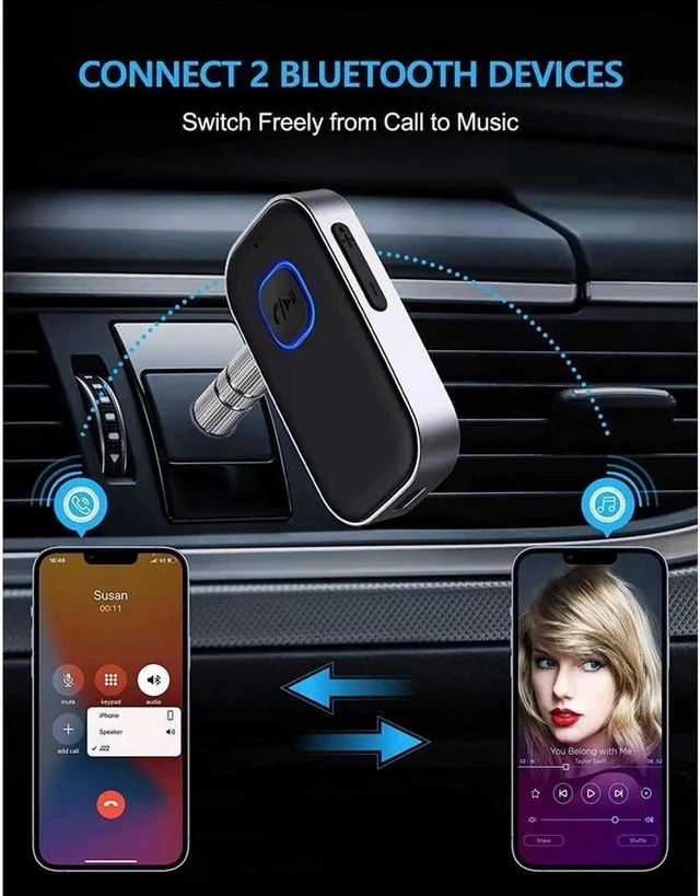 Alt view image 7 of 7 - Bluetooth 5.0 Receiver for Car, Noise Cancelling Bluetooth AUX Adapter, Bluetooth Music Receiver for Home Stereo/Wired Headphones/Hands-Free Call,16H Battery Life-Black+Silver