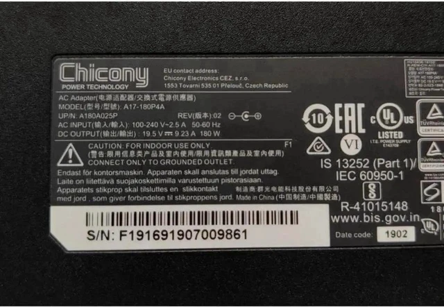 Alt view image 2 of 2 - Chicony 19.5V 9.23A 180W Laptop Charger A17-180P4A AC Power Adapter Replacement for A15-180P1A, Compatible with CLEVO P950HR N850HP6 MSI GS63VR GE72VR GS65 Gaming Notebooks