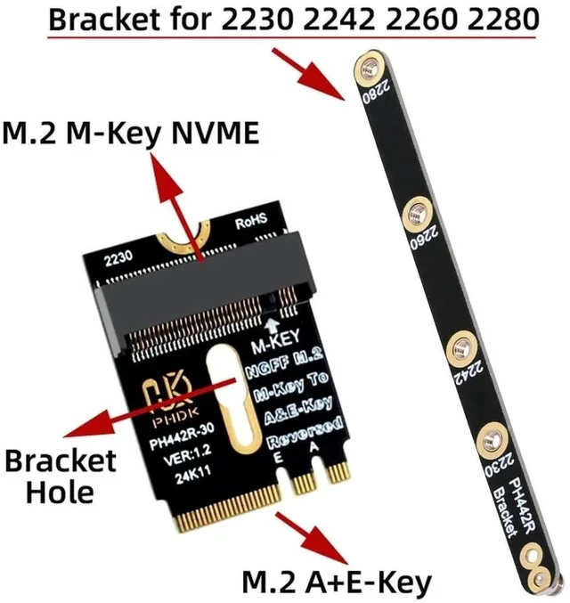 Alt view image 3 of 7 - 2230 NGFF A+E-Key Male to NVMe M-Key Female PCIe 4.0 SSD Extension Adapter with Fixed Mount Bracket, M.2 Riser Card for Laptop Motherboard 2280 NVMe SSD