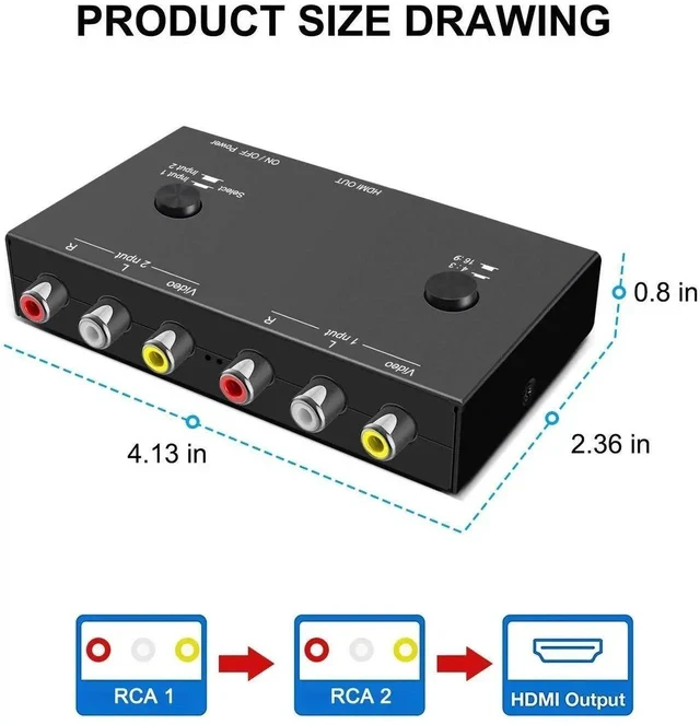 Alt view image 4 of 7 - 2 AV to HDMI, 1080P/720P TV 2 Way RCA Composite CVBS AV Switch to HDMI Video Audio Converter Adapter Support 4:3/16:9 Switching, for Sega Xbox PS2 PS3 N64 NGC SNES WII VHS VCR Camera DVD