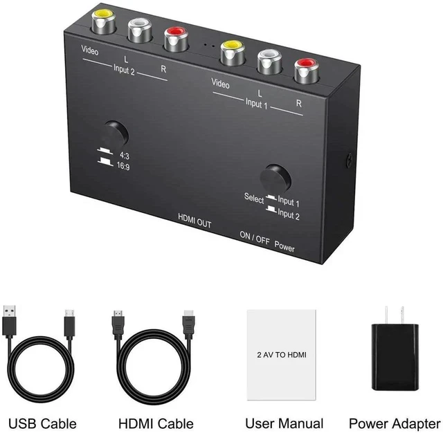 Alt view image 5 of 7 - 2 AV to HDMI, 1080P/720P TV 2 Way RCA Composite CVBS AV Switch to HDMI Video Audio Converter Adapter Support 4:3/16:9 Switching, for Sega Xbox PS2 PS3 N64 NGC SNES WII VHS VCR Camera DVD