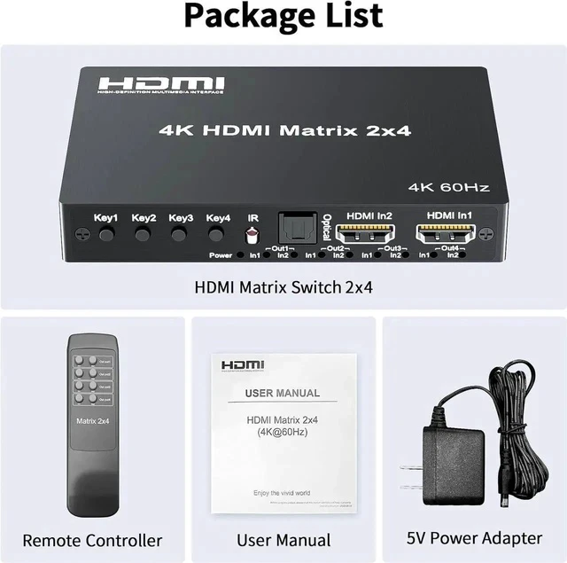 Alt view image 6 of 7 - 4K 2x4 HDMI Matrix Switch, 2 in 4 Out Matrix HDMI 2.0 Video Switcher Splitter, Optical & 3.5mm Audio Output, Support 4K 60Hz HDR HDCP2.2,18Gbps, with IR Remote Control for NS PS5 Fire Stick etc