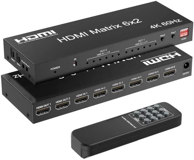Main image of 6x2 HDMI 2.0 Matrix Switch Splitter, 6 in 2 Out HDMI Switcher Selector with IR Remote, Optical SPDIF + 3.5mm AUX Audio Extractor, Supports 4K@60Hz 18Gbps UHD HDR HDCP 2.3, Adjustable EDID Management,