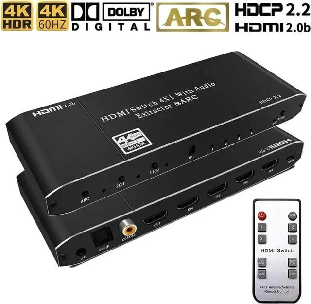 Main image of 4 in 1 Out HDMI Switch with Audio Extractor & IR Remote, 4K@60Hz HDMI Audio Separator Converter with Optical SPDIF, Coaxial & 3.5mm AUX Output, Supports ARC, HDR10, Dolby Atmos, EDID & HDCP2.2