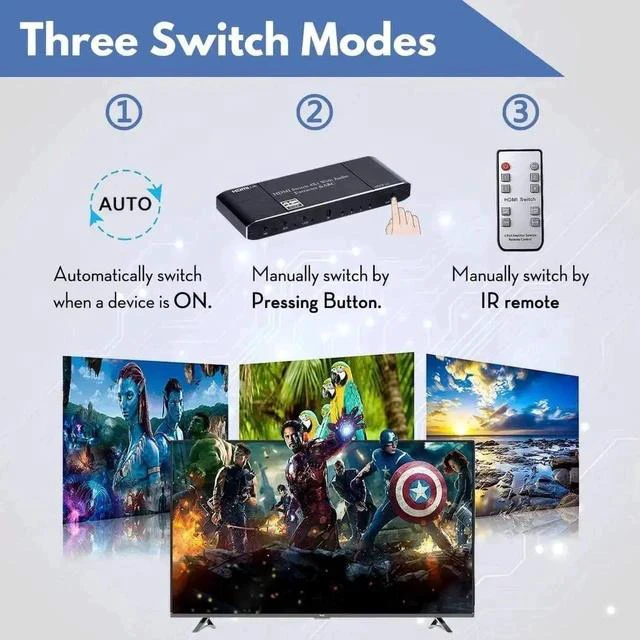 Alt view image 2 of 7 - 4 in 1 Out HDMI Switch with Audio Extractor & IR Remote, 4K@60Hz HDMI Audio Separator Converter with Optical SPDIF, Coaxial & 3.5mm AUX Output, Supports ARC, HDR10, Dolby Atmos, EDID & HDCP2.2