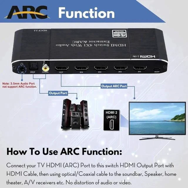 Alt view image 3 of 7 - 4 in 1 Out HDMI Switch with Audio Extractor & IR Remote, 4K@60Hz HDMI Audio Separator Converter with Optical SPDIF, Coaxial & 3.5mm AUX Output, Supports ARC, HDR10, Dolby Atmos, EDID & HDCP2.2