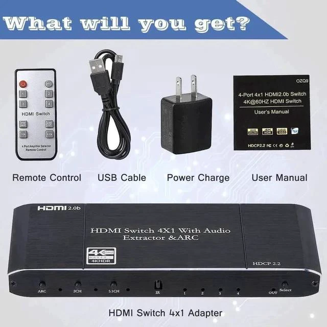 Alt view image 4 of 7 - 4 in 1 Out HDMI Switch with Audio Extractor & IR Remote, 4K@60Hz HDMI Audio Separator Converter with Optical SPDIF, Coaxial & 3.5mm AUX Output, Supports ARC, HDR10, Dolby Atmos, EDID & HDCP2.2
