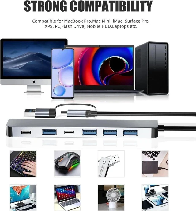 Alt view image 3 of 7 - USB Splitter HUB, 7 in 1 Multiport USB C Adapter with 1 USB 3.0,4 USB 2.0, 60W PD, USB-C Port Compatible for MacBook, Surface Pro/Go, Pad Pro/Air, Laptop and More USB A & Type C Devices