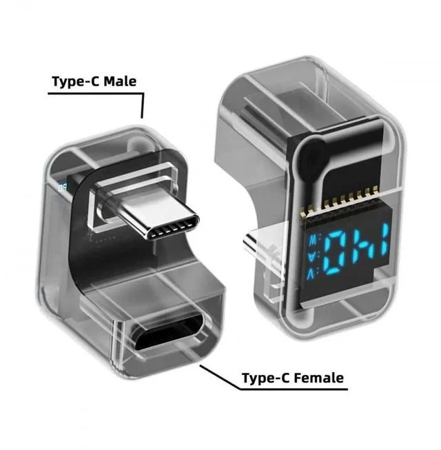 Alt view image 2 of 7 - Opposite U-Shape Back Angled Transparent USB4 Type-C Male to Female Adapter with LED Digital Power Monitor, 40Gbps 140W PD USB4.0 Converter Support Real-Time Voltage & Current Detection