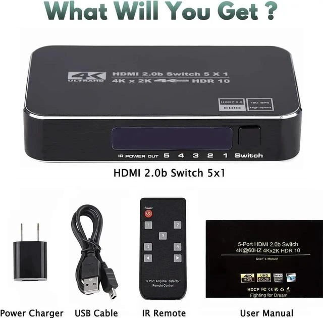 Alt view image 4 of 7 - 5 in 1 Out HDMI Switch 4K@60Hz with Remote Control, 5 Port HDMI Switcher Selector Support HDR10, HDCP 2.2, 3D, Dolby DTS, Compatible with Fire Stick, HDTV, PS4, Game Consoles OZQ3-3