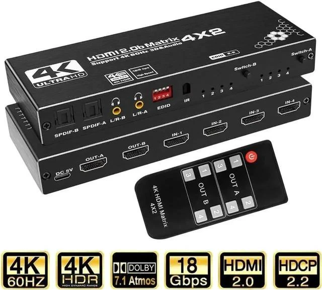 Main image of 4x2 HDMI Matrix Switch 4 in 2 Out with IR Remote Model OZJ1, Supports 4K, 1080P, 3D, RGB 8:8:8, Dolby Atmos, Dual SPDIF & Dual 3.5mm L/R Audio Outputs, Built-in EDID Management
