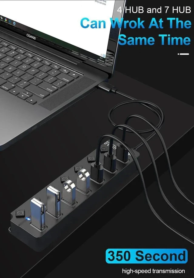 Alt view image 6 of 7 - Powered USB Hub, 7 Port USB 3.0 Data Hub Splitter with 5V DC Power Adapter and Independent On/Off Switch USB Port Hub Expander for MacBook Laptop PC and More(Black)