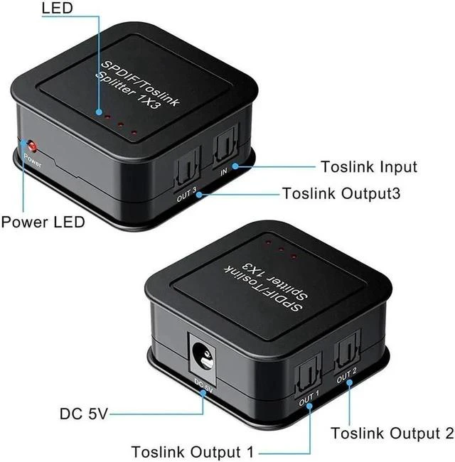 Main image of SPDIF/Toslink Digital Optical Audio Splitter 1x3, Optical Audio 1X3 Splitter, Support Dolby Digital & DTS 5.1 for PS3, Xbox, Blue-Ray DVD, HDTV,TV Box(1 Input 3 Output)