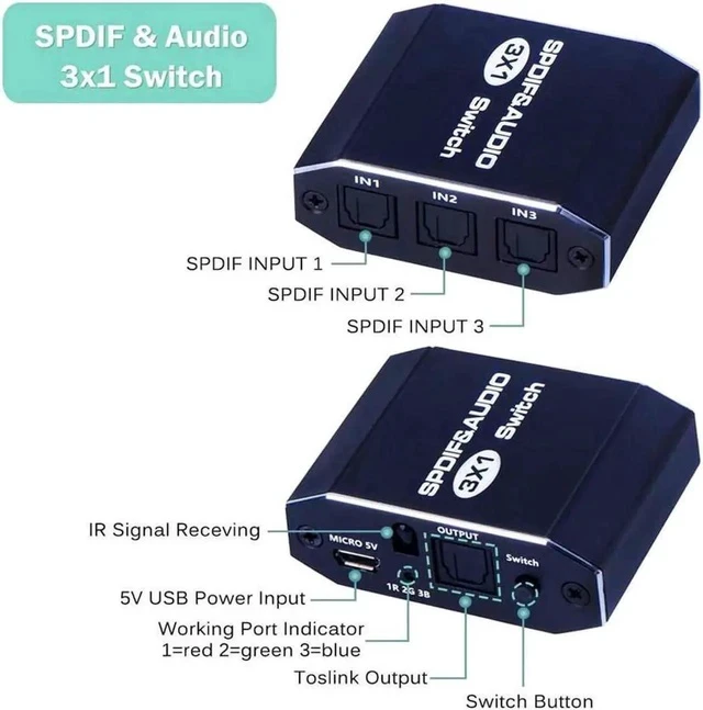 Alt view image 4 of 7 - 3x1 SPDIF/TOSLINK Digital Optical Audio Switch, SPDIF/Toslink 3 in to 1 Out Powered Amplifier Support LPCM2.0 / DTS / Dolby Digital for PS3 Blue-Ray DVD HDTV