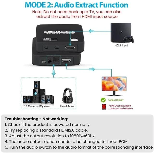 Alt view image 5 of 7 - 4K@60Hz HDMI 2.0b Audio Extractor Converter Adapter Splitter, HDMI ARC + Optical Toslink SPDIF + 3.5mm Stereo Audio Out, Support HDCP2.2 Digital PCM DTS 5.1, (Optical/HDMI Cables Included)