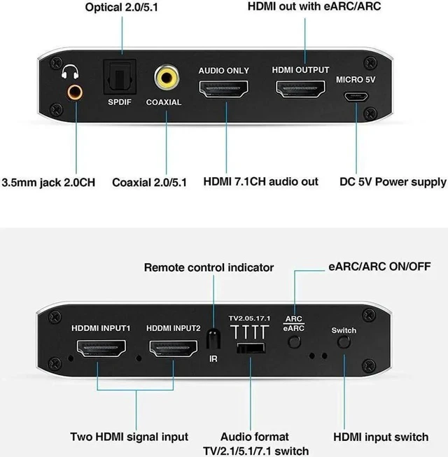 Alt view image 6 of 7 - 4K@60Hz eARC HDMI Swtich Audio Extractor, NEWCARE 2x1 HDMI Audio Converter with Remote Control, 7.1CH Atmos/ eARC/ARC/ Optical Toslink SPDIF/ Coaxial/ 3.5mm Audio Out, Supports HDCP2.3, HDMI2.0