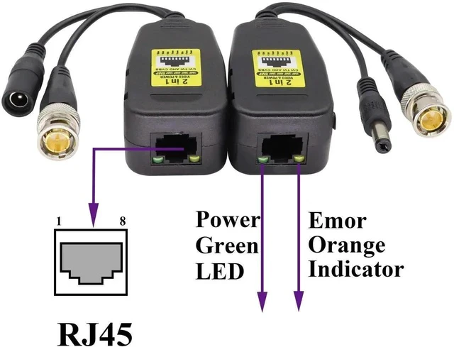 Alt view image 2 of 6 - Passive Video Balun RJ45 to BNC Transceiver Transmitter HD-CVI/TVI/AHD/CVBS with DC Power Connector for 960P 1080P 3MP 4MP 5MP 8MP CCTV Security DVR Surveillance Camera System(18 cm-2Pairs)