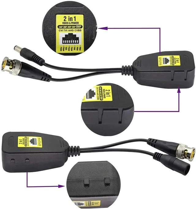 Alt view image 3 of 6 - Passive Video Balun RJ45 to BNC Transceiver Transmitter HD-CVI/TVI/AHD/CVBS with DC Power Connector for 960P 1080P 3MP 4MP 5MP 8MP CCTV Security DVR Surveillance Camera System(18 cm-2Pairs)