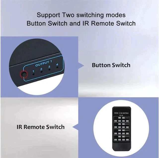 Alt view image 4 of 6 - 4x4 Matrix HDMI Switch 4K 30Hz, 4in 4out HDMI Matrix Switch with IR Remote Control, Support 4K@30Hz 3D 10.2Gbps, HDMI 1.4, 1080P@60Hz, 3D, YUV 4:2:0, OZJ7