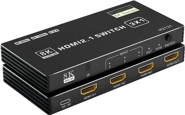 Main image of HDMI 2.1 Switch 3 in 1 Out, 8K 60Hz, 4K 120Hz, HDCP 2.3, HDR10, CEC, Auto Switching, Compatible with PS5, Xbox Series X/S, NS, PC, DVD, HDTV
