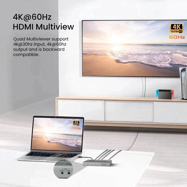 Alt view image 6 of 7 - 4k@60hz HDMI Multi-Viewer Switch with PIP, HDMi Multi-Switcher 4 in 1 Out for Seamless Switch, 4x1 HDMI Multiviewer Supports 8 Viewing Modes, 4k x 2k, 1080P, for Xbox, PS4/5