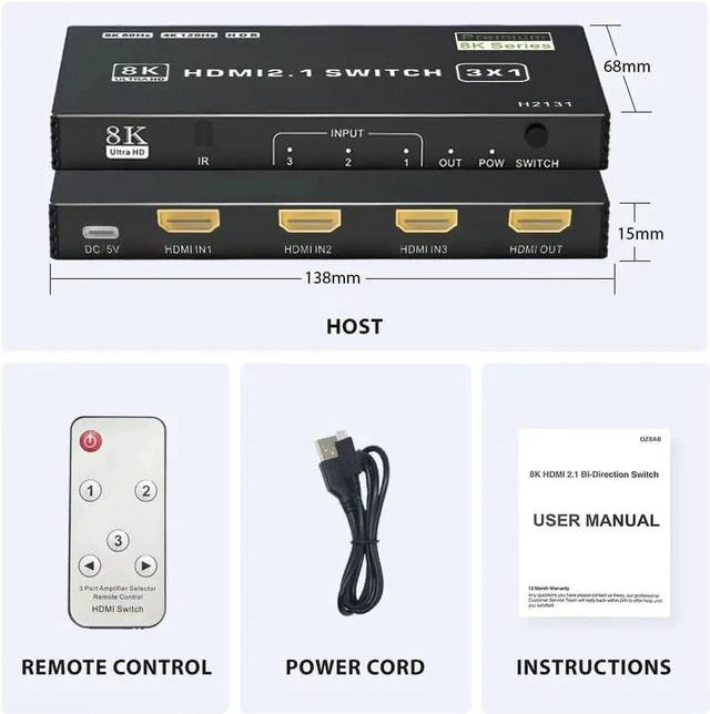Alt view image 7 of 7 - HDMI 2.1 Switch 3 in 1 Out, 8K 60Hz, 4K 120Hz, HDCP 2.3, HDR10, CEC, Auto Switching, Compatible with PS5, Xbox Series X/S, NS, PC, DVD, HDTV