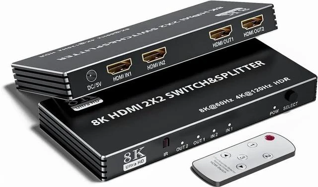 Main image of 2x2 HDMI Switch Splitter, HDMI 2.1 Switcher 2 in 2 Out 8K@60Hz 4K@120Hz, w/IR Remote Control, Supports HDCP 2.3 HDR, HDR10, HDR 10+, 3D